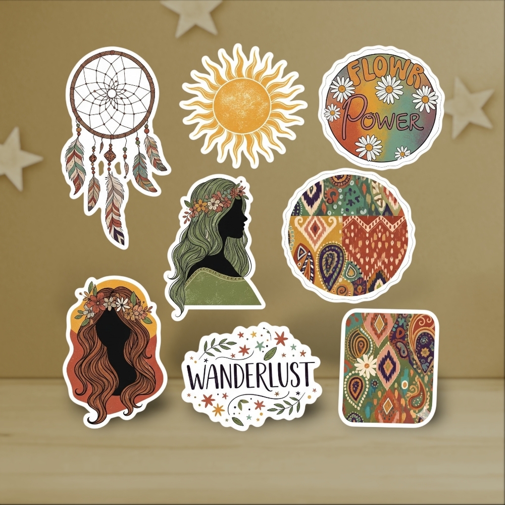 Boho Hippie Wanderlust Sticker Pack 🌻Dreamcatcher, Sun, Flower Power & Goddess